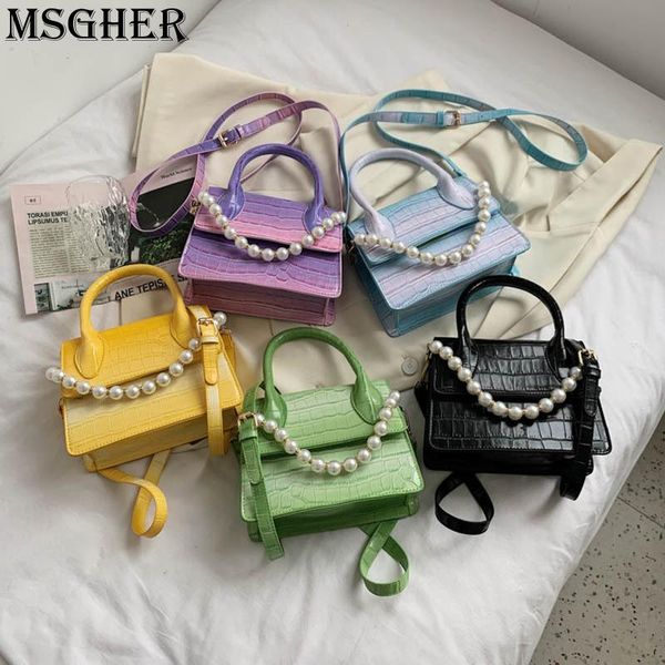 

cross body pearl chain crossbody small square bag single shoulder handbag fashion gradient ramp colorful crocodile print