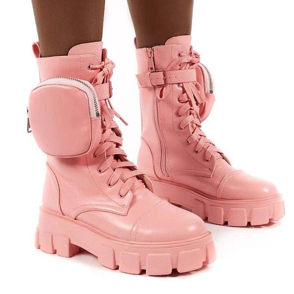 

boots fashion pocket women ankle platform winter shoes for female chunky, Black