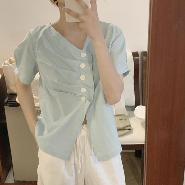 

women's blouses & shirts alien kitty retro v-neck slim femme short sleeves 2021 prom casual high waist chic loose streetwear sweet, White