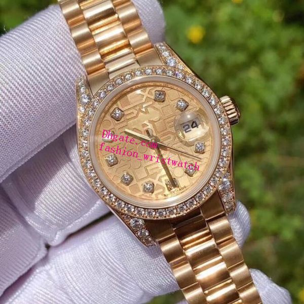 

womens waterproof watch calendar 179158 26mm classic pattern dial diamond bezel yellow gold stainless steel bracelet luxury watches with box, Slivery;brown