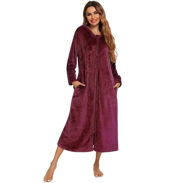 

women's sleepwear winter front zipper robe coat with pocket flannel warm bathrobe hooded solid long sleeve gown night wear women, Black;red