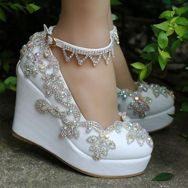 

dress shoes womens rhinestones crystal bling wedge high heel bridal wedding platform princess round toe pumps ankle strap white c678, Black