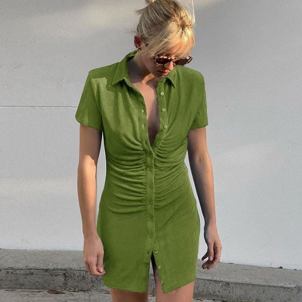 

casual dresses women dress summer elegant short sleeve skinny turn-down collar ruched shirt soft green blue slim party y2k 2021, Black;gray