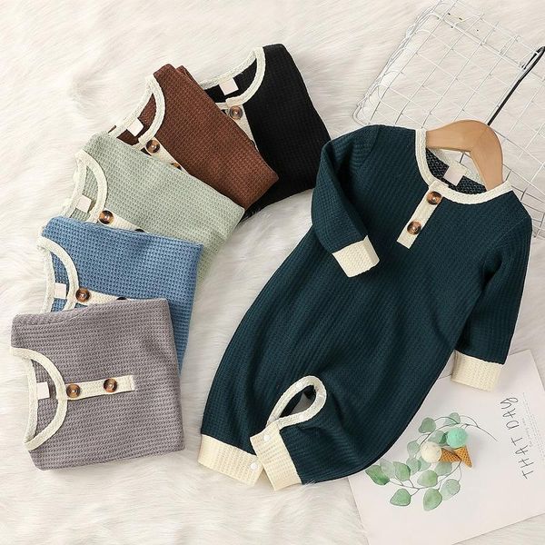 

jumpsuits 0-24m born baby boy girl long sleeve waffle pattern romper jumpsuit spring autumn casual clothes, Blue