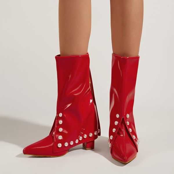

boots women mid-calf modern 2021 square heels red string bead short female fashion pointed toe zip shoes for ladies, Black