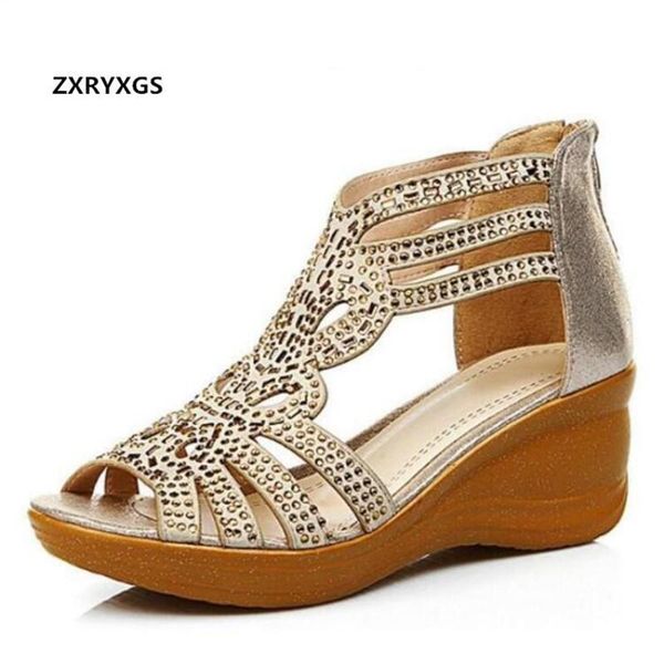 

cowhide rhinestones sandals women shoes fashion 2021 plus size summer leather woman wedges dress, Black