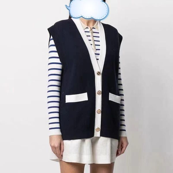 

women's vests 2021 spring and summer color contrast trim v-neck sleeveless wool knitted vest cardigan female 00401 sweater, Black;white