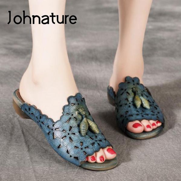 

slippers johnature summer women genuine leather 2021 shoes slides string bead flat with retro handmade ladies, Black
