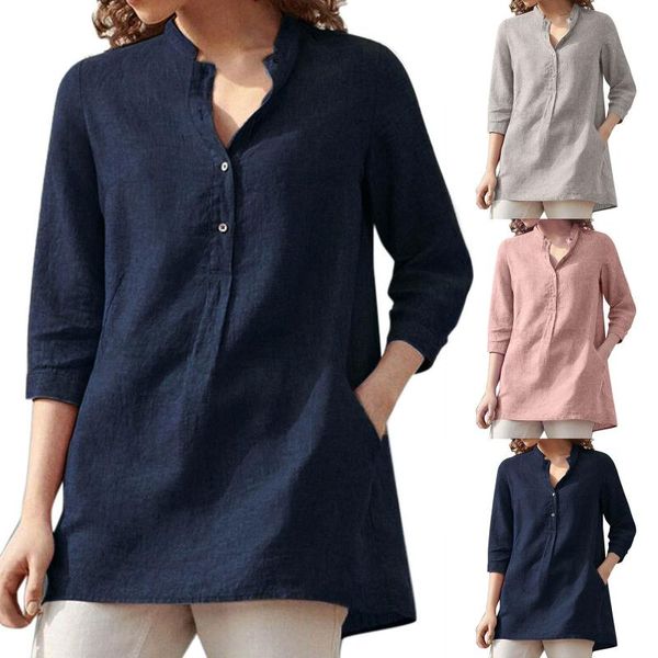 

women's blouses & shirts buttons cotton and linen casual spring autumn solid color loose shirt female half sleeve blouse blusas, White