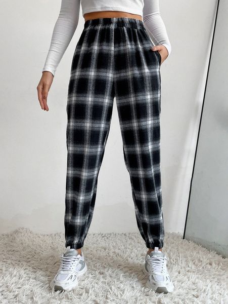 

high waist plaid pants y5oc#, Black;white