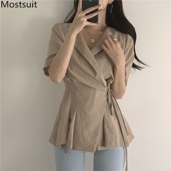 

summer korean vintage blouses shirts women short sleeve notched collar lace-up fashoin casual female blusas 210518, White