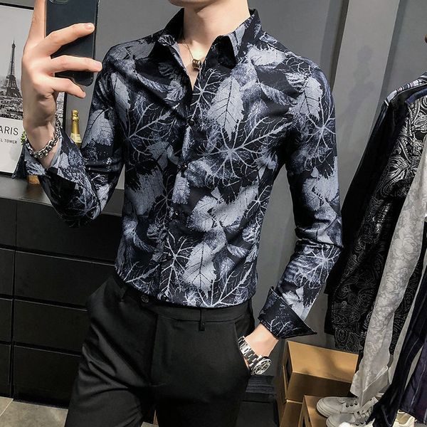 

men's casual shirts korean clothing night club social party blouse streetwear luxury sierflower print men long sleeve slim shirt fpo7, White;black