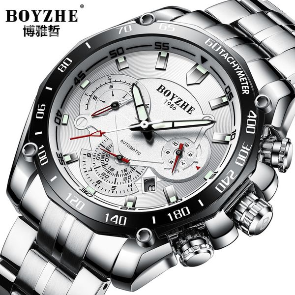 

boyzhe swiss certified brand watch steel belt week display luminous waterproof fashion sports men mechanical watches, Silver