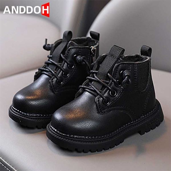 

size 21-30 kids warm thickened cotton martin boots for boys girls children plus fleece winter baby leather toddler shoes 211022, Black;grey