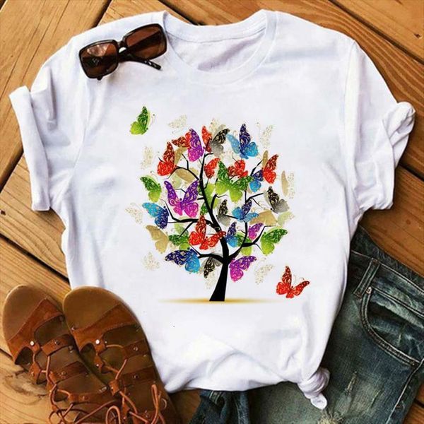

maycaur butterfly tree print women casual round neck short sleeve femme harajuku ropa mujer, White