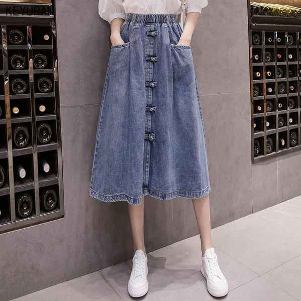 

skirts vintage women denim midi skirt fashion spirng summer elastic high waist korean a-line blue jeans harajuku plus size cottot, Black