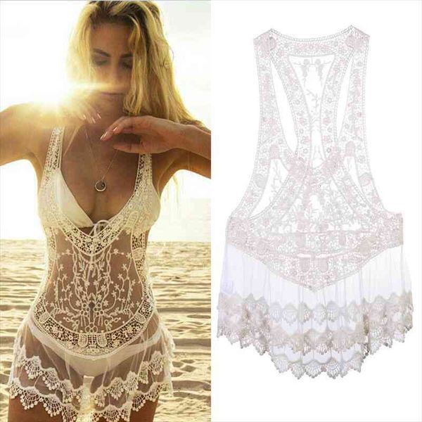 

ladies womens white sleeveless lace v neck transparent bikini cover ups see through swimwear bathing suit beach dress, White;black
