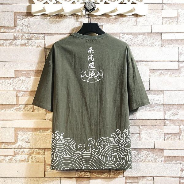 

summer men's loose riding wind and waves letter printed t-shirt breathable cotton linen short sleeve t-shirts, White;black