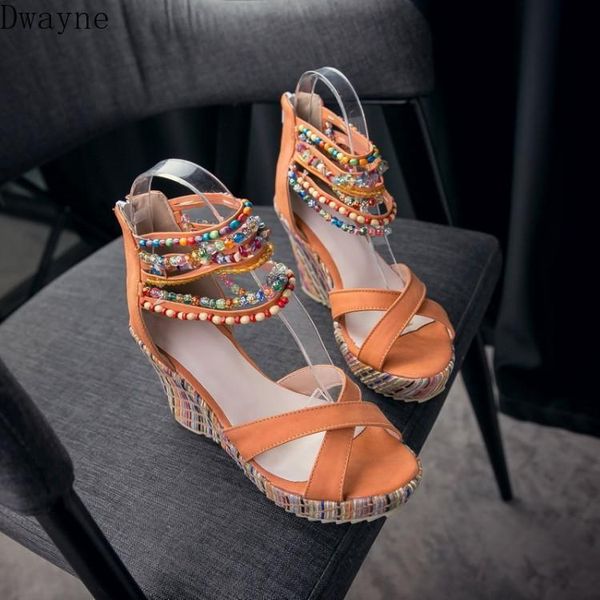 

dress shoes 2021 color beaded bohemian national style wedge sandals female, Black