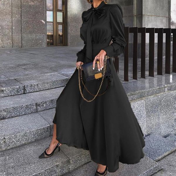 

vintage bow tie high waist dress women a-line maxi autumn full sleeve party proms dresses plus size fashion female casual, Black;gray