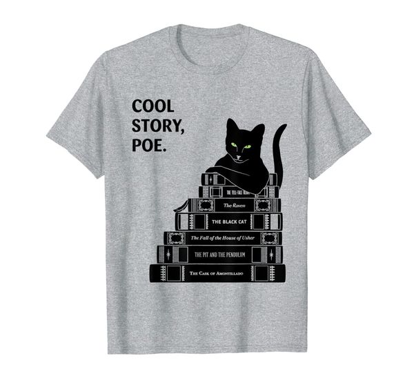 

cool story poe cat short story edgar allan reading book t-shirt, White;black
