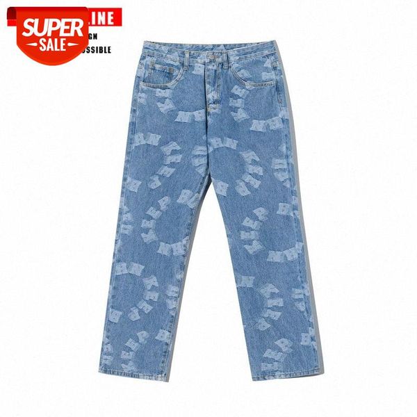

tkpa american hip-hop retro letters full print with loose straight-leg jeans men #pq6s, Blue
