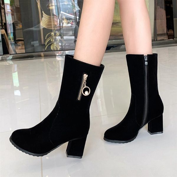 

boots plus size 34-43 fashion women's round toe flock ankle thick heel high heels shoes woman female winter socks, Black