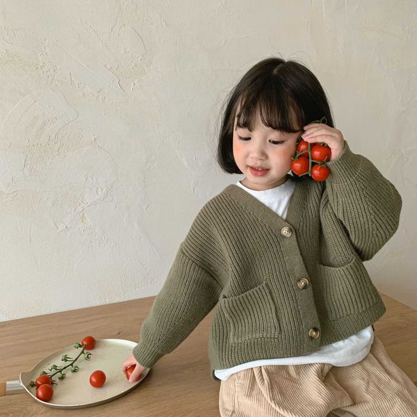

children's autumn and winter korean sweater cardigan boy's and girl's baby coarse wool solid color literary cardigan jacket y, Blue