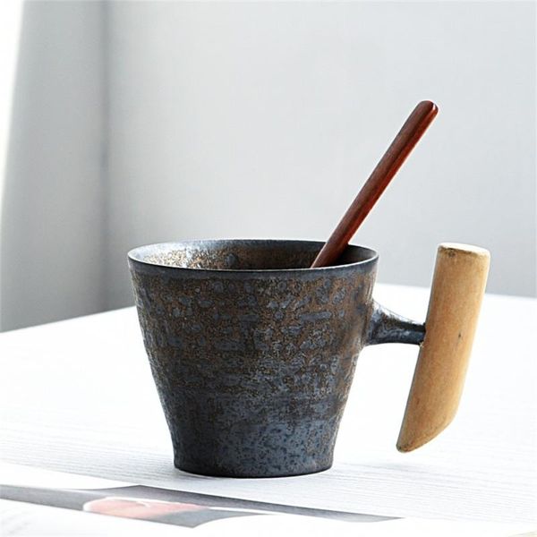 

japanese-style vintage ceramic coffee mug tumbler rust glaze milk beer with wood handle water cup home office drinkware mugs