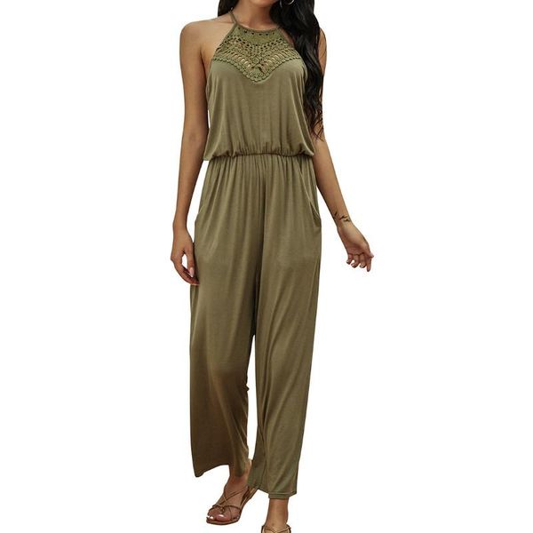 

women casual halter jumpsuits hollow out loose solid color elastic waist wide leg playsuits outfits women's & rompers, Black;white