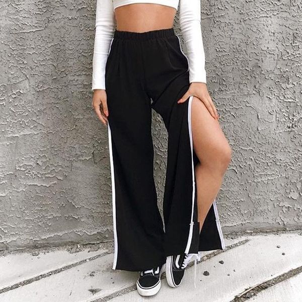 

streetwear wide leg pants women high waist black trousers split casual female elastic ladies loose aspa20075 women's & capris, Black;white