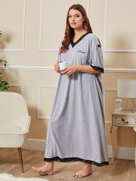 

plus lace trim letter graphic nightdress m6t4#, Black;white