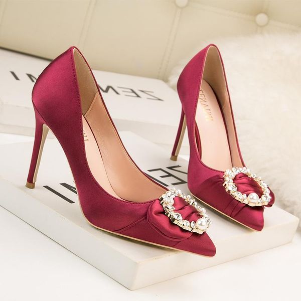 

dress shoes rhinestone female stiletto heels thin shallow mouth pointed shiny buckle women's, Black