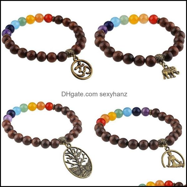 Braccialetti Bracciale in pietra curativa Chakra, braccialetto con perline di legno da 8 mm, gioielli per meditazione yoga per donne uomini con perline, fili consegna goccia 2021 HD