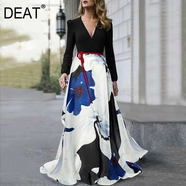 

[deat] summer fashion v-neck high waist printing long leeve temperament elegant dress women 13c952 210527, Black;gray