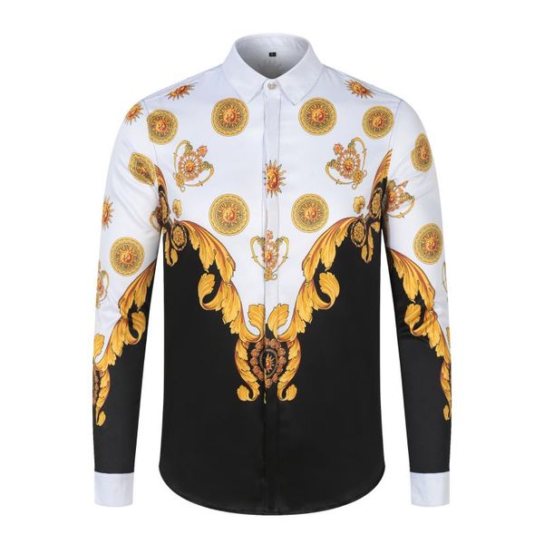 

men's casual shirts luxury royal shirt men slim fit long sleeve gold printed camisa masculina social manga longa prom party, White;black