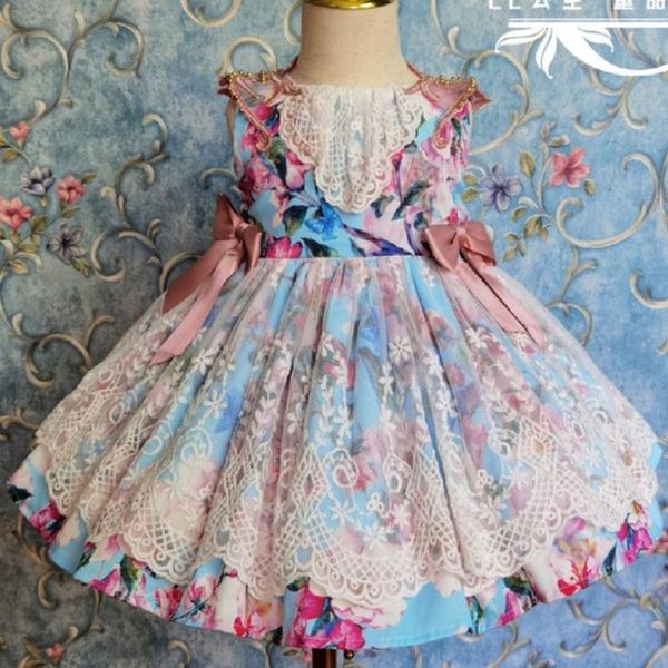 

baby girl summer floral vintage spanish lolita ball gown dress kids sleeveless lace stitching birthday party princess girl's dresses, Red;yellow