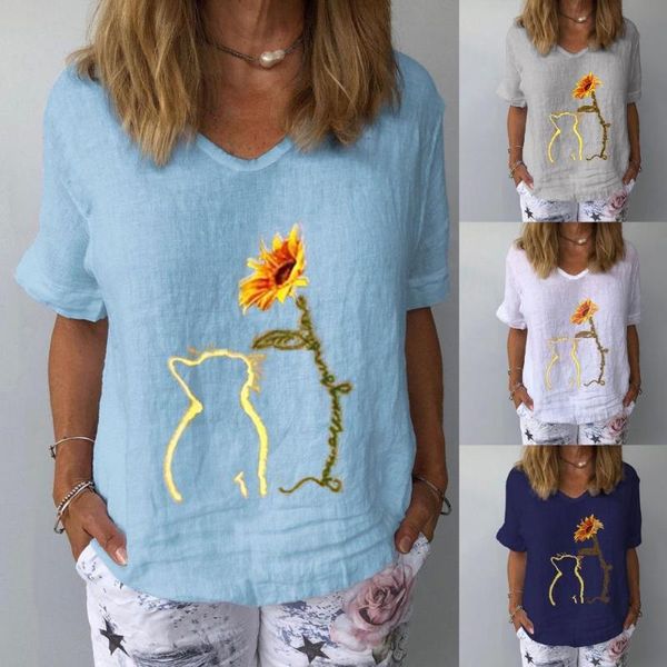 

casual tshirts women cats floral print cute female clothes summer tee short sleeve cartoon shirt tees 2021 women's t-shirt, White