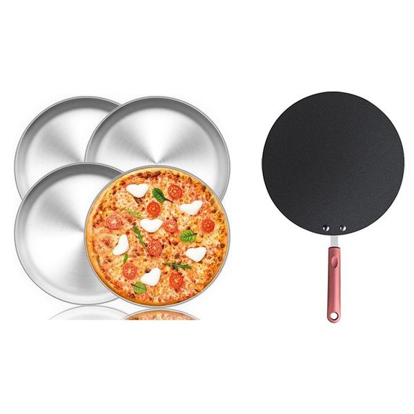 

1x aluminum alloy pancake pan crepe maker flat griddle & 4 pcs pizza pan, 12 inch set round pans