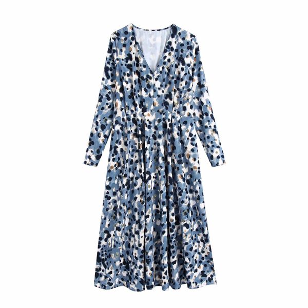 

vintage woman v neck soft printed long dress spring autumn casual ladies wave point es female high waist 210515, Black;gray