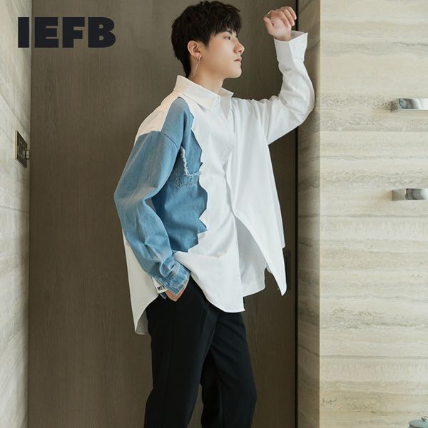 

iefb men's wear color block patchwork white shirt for male fashion loose long sleeve korean shirt vintage streetwear 9y2453 210524, White;black