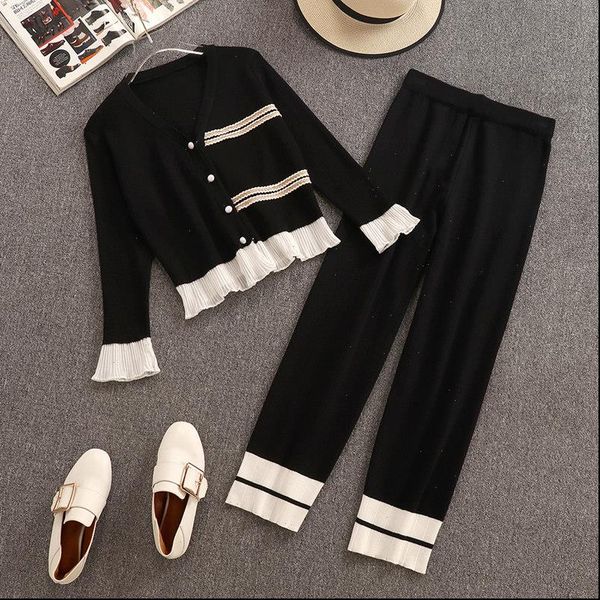 

korean women tracksuits knitted pants set chic v neck cardigan trim hem ruffled sweater and wide leg 2 piece, Gray