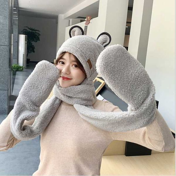 

warm bear cute autumn winter plush hat scarf gloves one three piece set girl fashion coral velvet grey, Blue;gray