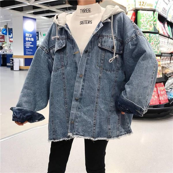 

women's jackets harajuku denim jacket female outerwear jean coat mid-length hooded loose bf style spring and autum, Black;brown