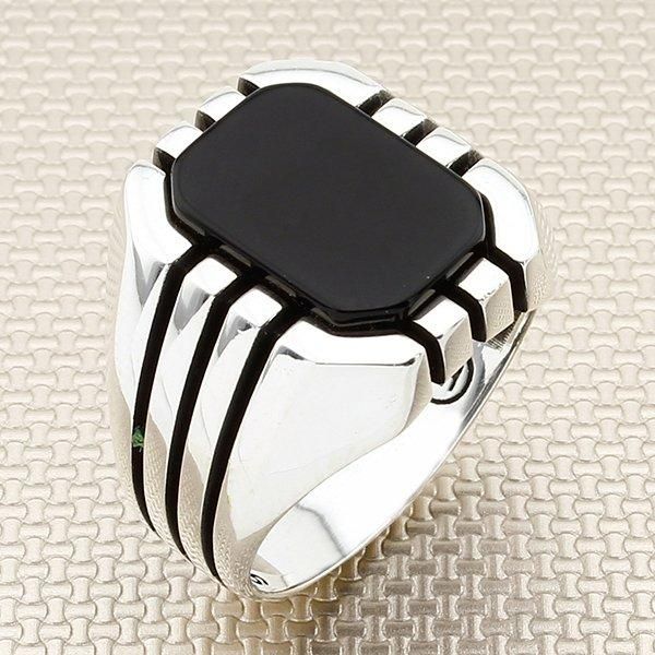 

rectangle black onyx stone men silver ring with three lines motif made in turkey solid 925 sterling cluster rings, Golden;silver