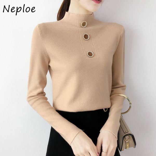 

half turtleneck pullovers women autumn and winter slim fit long sleeve solid buttons female sweaters fashion 82289 210430, White;black