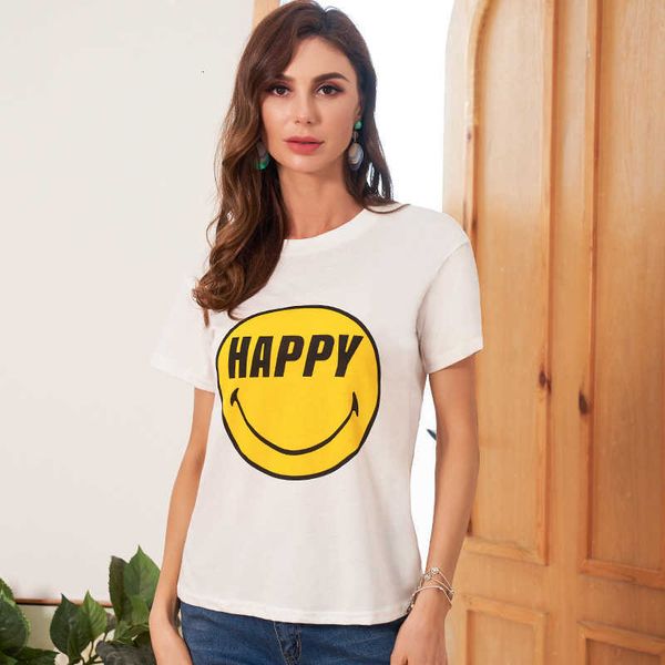 

women's t-shirt ladies fashion college style smiley face pattern printed round neck all-match short-sleeved casual t-shirt k7v8, White