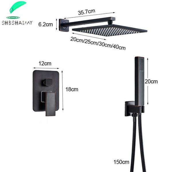 

concealed black bathroom shower faucet brass 3-ways mixer valve mixers with handshower 8/10/12/16" rainfall head sets