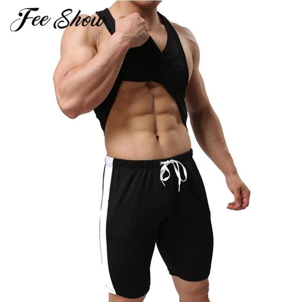 

2pcs man summer running set workout tracksuits casual sportswear sleeveless racer back vest shorts gym fitness sport outfits sets, Black;blue