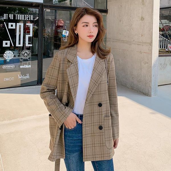 

spring elegant series women blazer feminino coat double breasted khaki plaid basic jacket office femme korean clothing women's suits &, White;black
